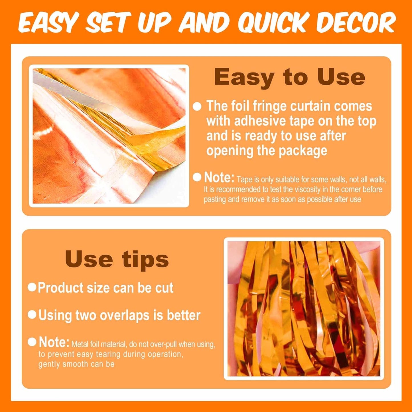 3 Pack Orange Foil Fringe Curtains Backdrop, 3.28 x 9.8 Ft Metallic Streamers Tinsel Curtains Background for Photo Booth, Birthday, Halloween, Christmas, Thanksgiving, New Year Party Decorations