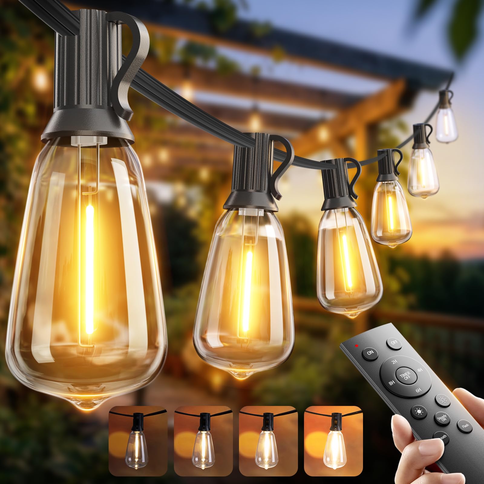 addlon 100FT Outdoor String Lights ST38 LED with Remote Waterproof Dimmable