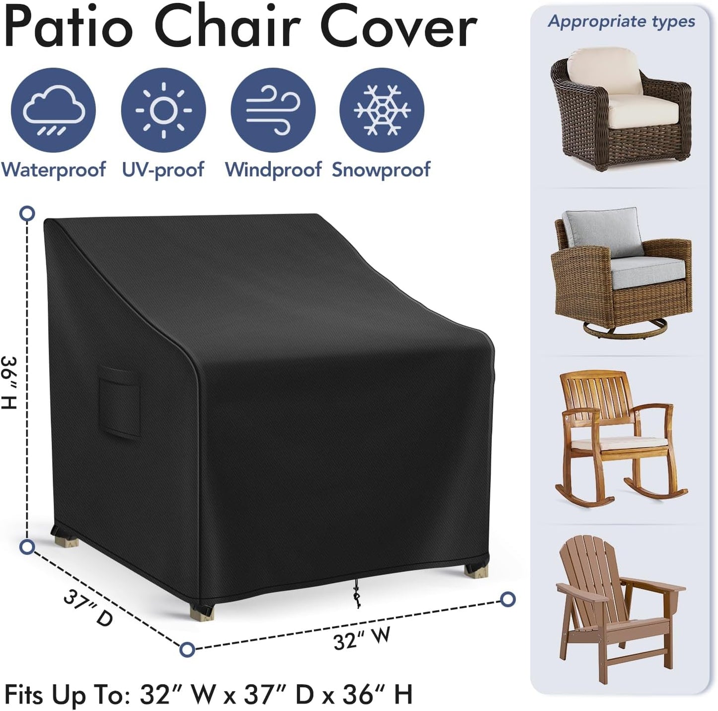 Adirondack Chair Covers Waterproof, Lawn Outdoor Chair Covers 2 Pack, Patio Chair Covers for Outdoor Furniture Fits up to 32W x 37D x 36H inches, Black