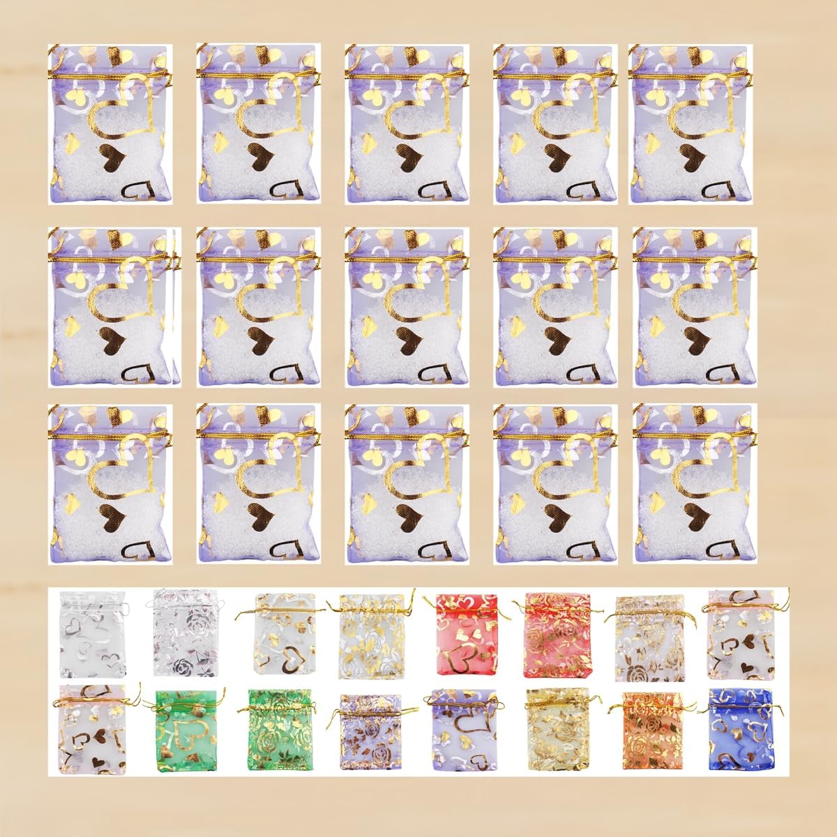 QIANHAILIZZ 100 Pack 2.8 x 3.5 Inch Flower Heart Organza Jewelry Gift Pouch Candy Pouch Drawstring Wedding Favor Bags B511S (lilac gold heart)