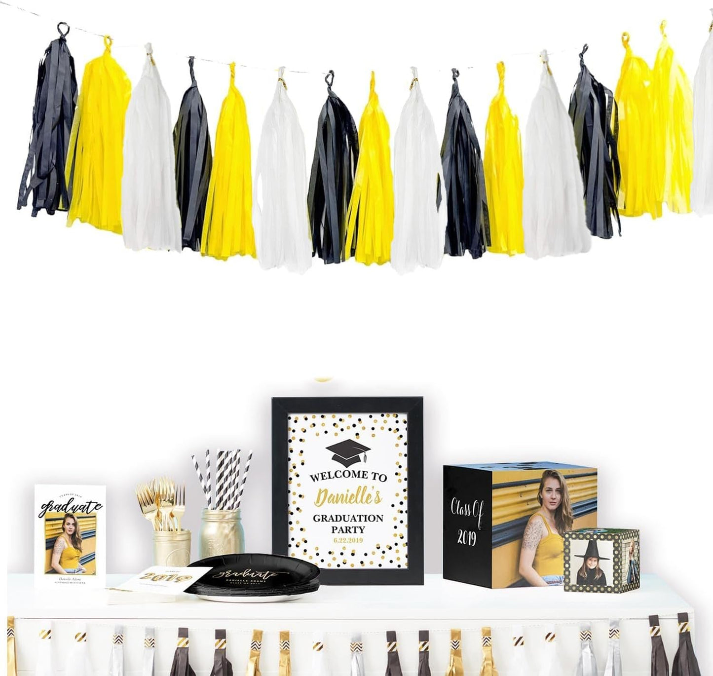 Black Yellow and White Paper Tissue Tassel Garland Banner for Party Decorations,15 Pcs