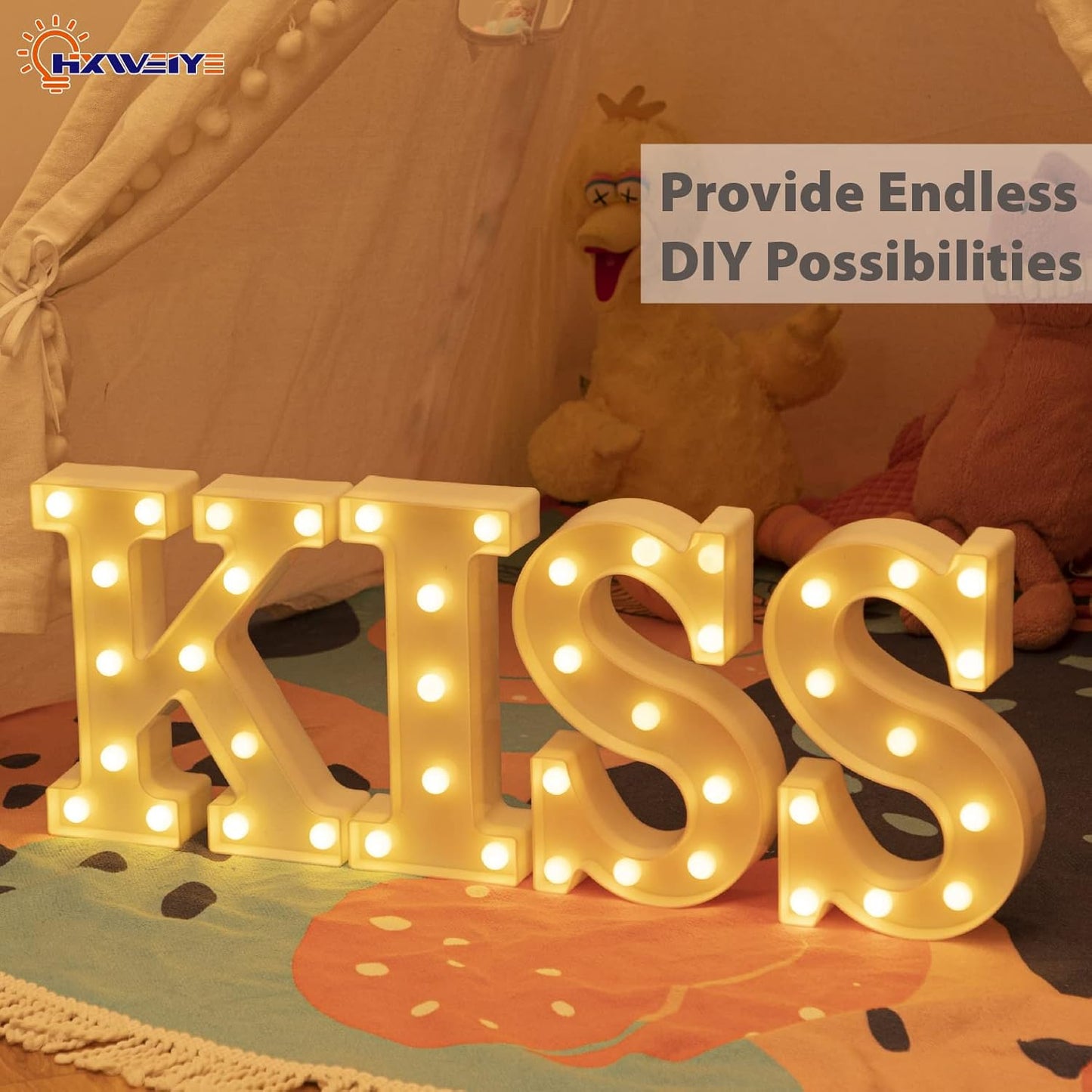 HXWEIYE LED Marquee Lights Sign - 36 Big Lights Letters (Alphabet & Numbers) for Party, Birthday, Bar, Christmas. Warm White, Battery Powered