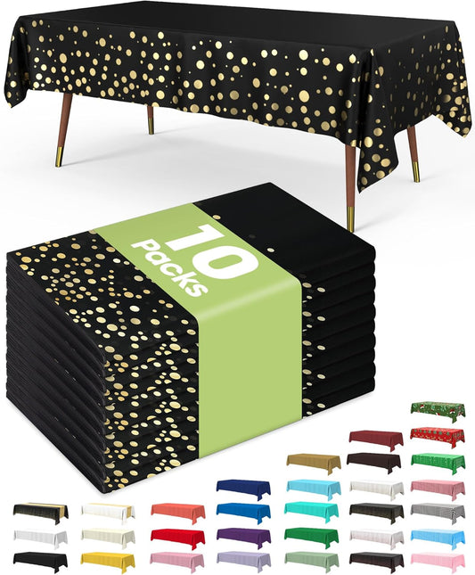 Pureegg Plastic Table Cloth Disposable 10 Pack, 54 x 108 Inch Table Cloths, Graduation Decorations Class of 2025, Graduation Tablecloths, Rectangle, Plastic Cover, Leakproof & Sturdy, Black and Gold