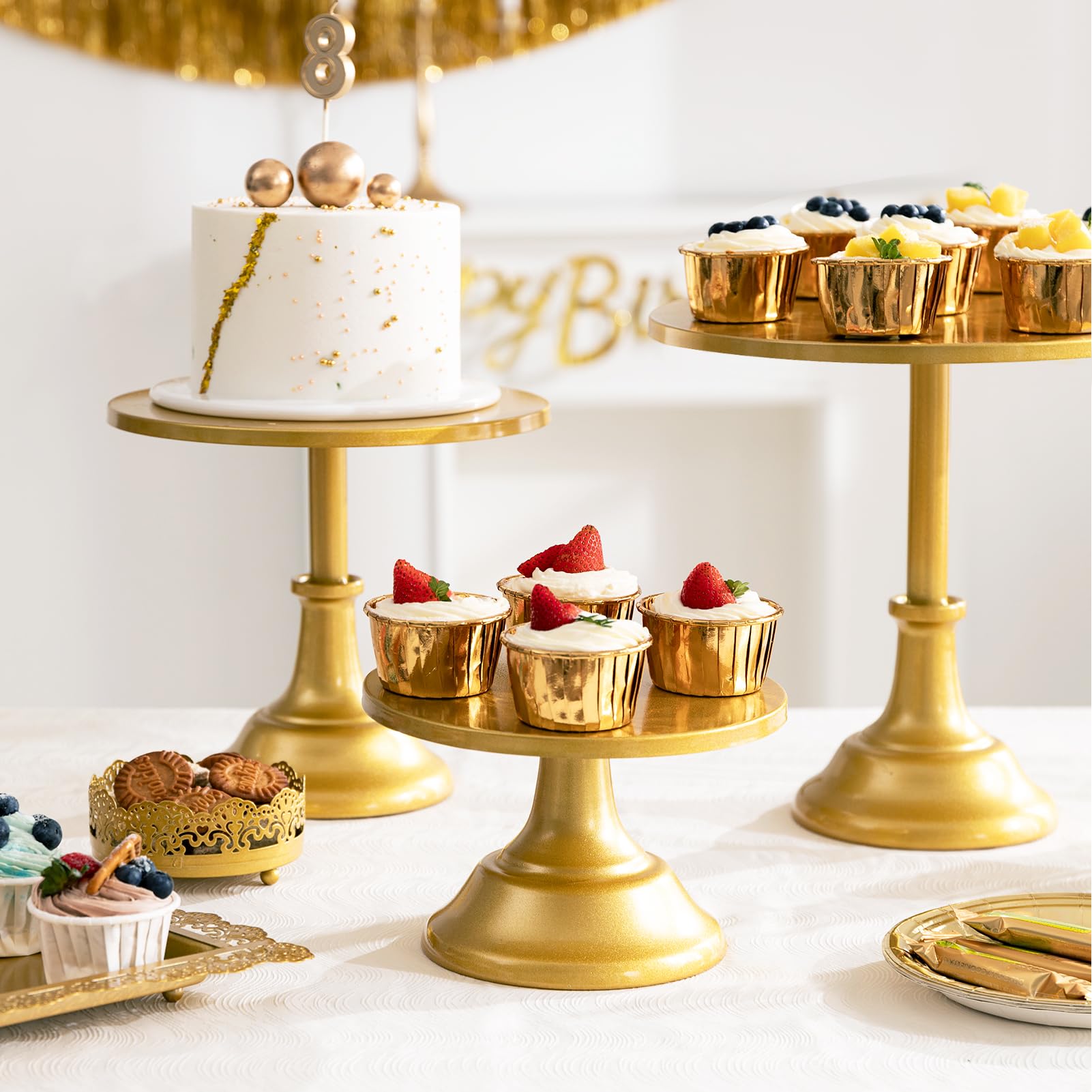 HBlife 3 PCS Gold Cake Stand Set (8"/10"/12" Cake Plate), Metal