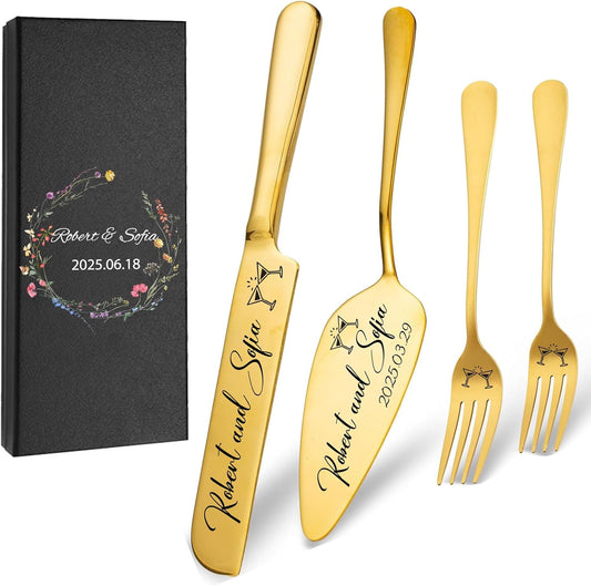 Personalized Wedding Cake Knife and Server Set, Custom Gold/Silver Cake Cutting Set for Wedding, 4 Pieces Set with Forks for Engagements, Anniversaries, Bride and Groom (Gold)