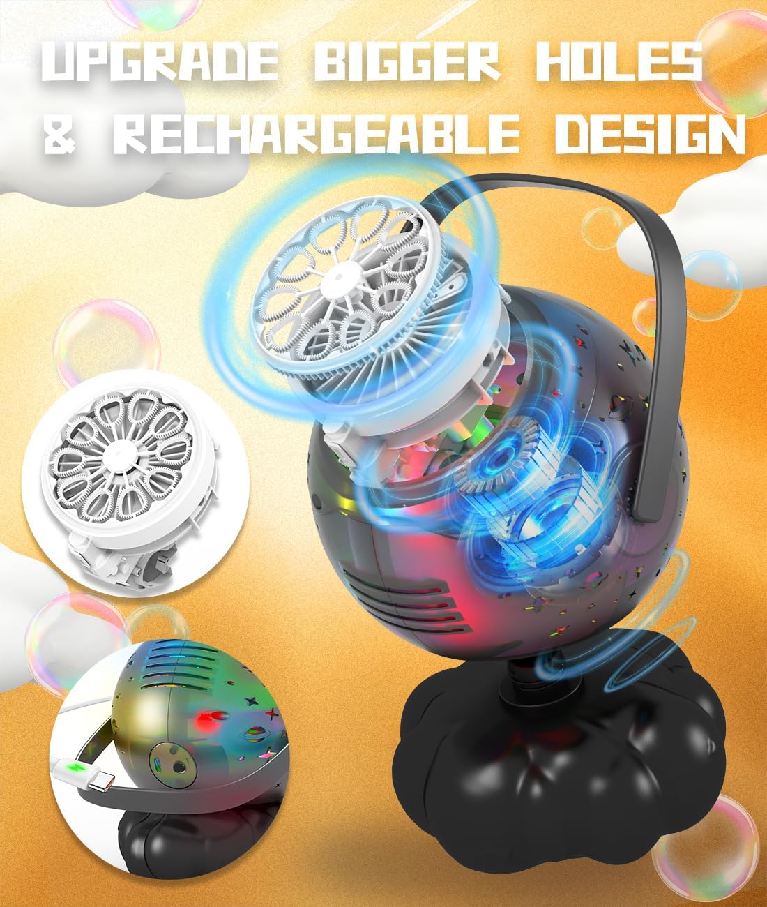 Halloween Bubble Machine - Bubble Maker for Kids with Colorful LED Light, Make Larger Bubbles, USB-C Rechargeable, 600ml Capacity - Bubble Toys Gifts Ages 3+ for Boys, Girls, Outdoor, Birthday, Party