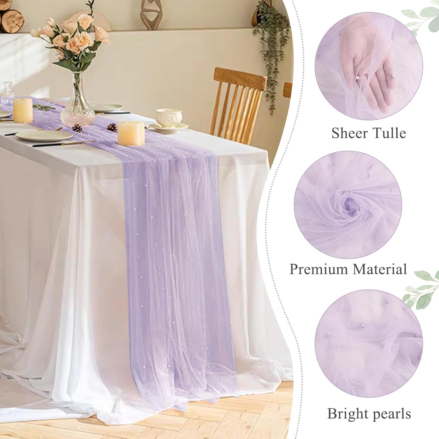 Pearl Table Runner 29 x 120 Inch Tulle Fabric Lace Table Runners Boho Rustic Tablecloth for Bridal Shower Birthday Party Wedding Arch Aisle Veil Dessert Table Decor(1 Pack, Light Purple)