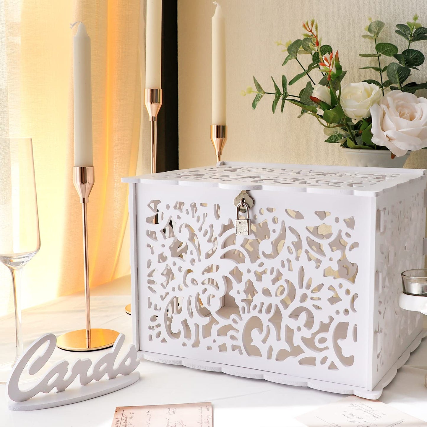 OurWarm White Wedding Card Box with Lock, PVC Gift Card Box for Wedding Decorations for Reception