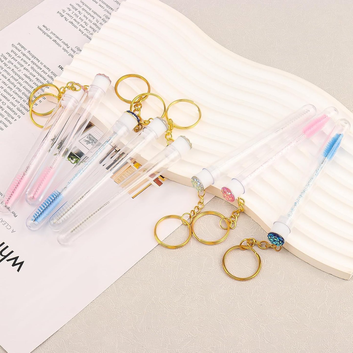 48 Pieces Disposable Mascara Wands Set,Include 24 pcs Disposable Crystal Lash Spoolies Brush and 24 Pieces Reusable Diamond keychain Empty Eyelash Brush Tubes for Women Girls Makeup Brush Kit