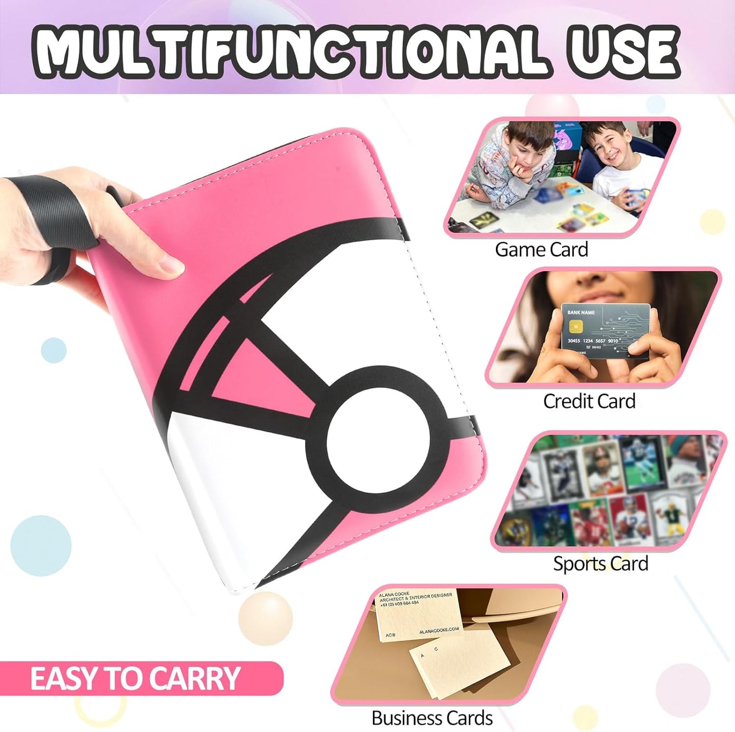 Trading Card Binder 4-Pockets, 400 Pockets Card Holder with 50 Removable Sleeves, Large Capacity & Waterproof Zipper Album Holder for Trading Card Collector，Portable Card Album Book for Card-Pink