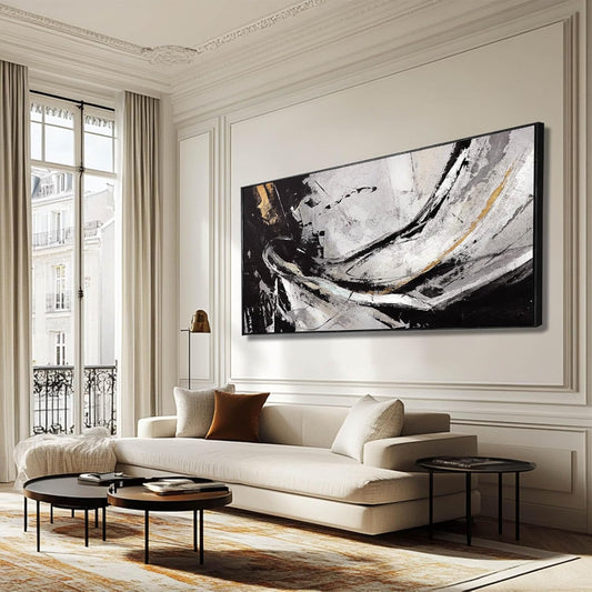 Home Decor Black and White Abstract Painting for Office Bedroom Decorations Framed Canvas Wall Prints Gold Pictures Wall Art for Home 29"x 58"