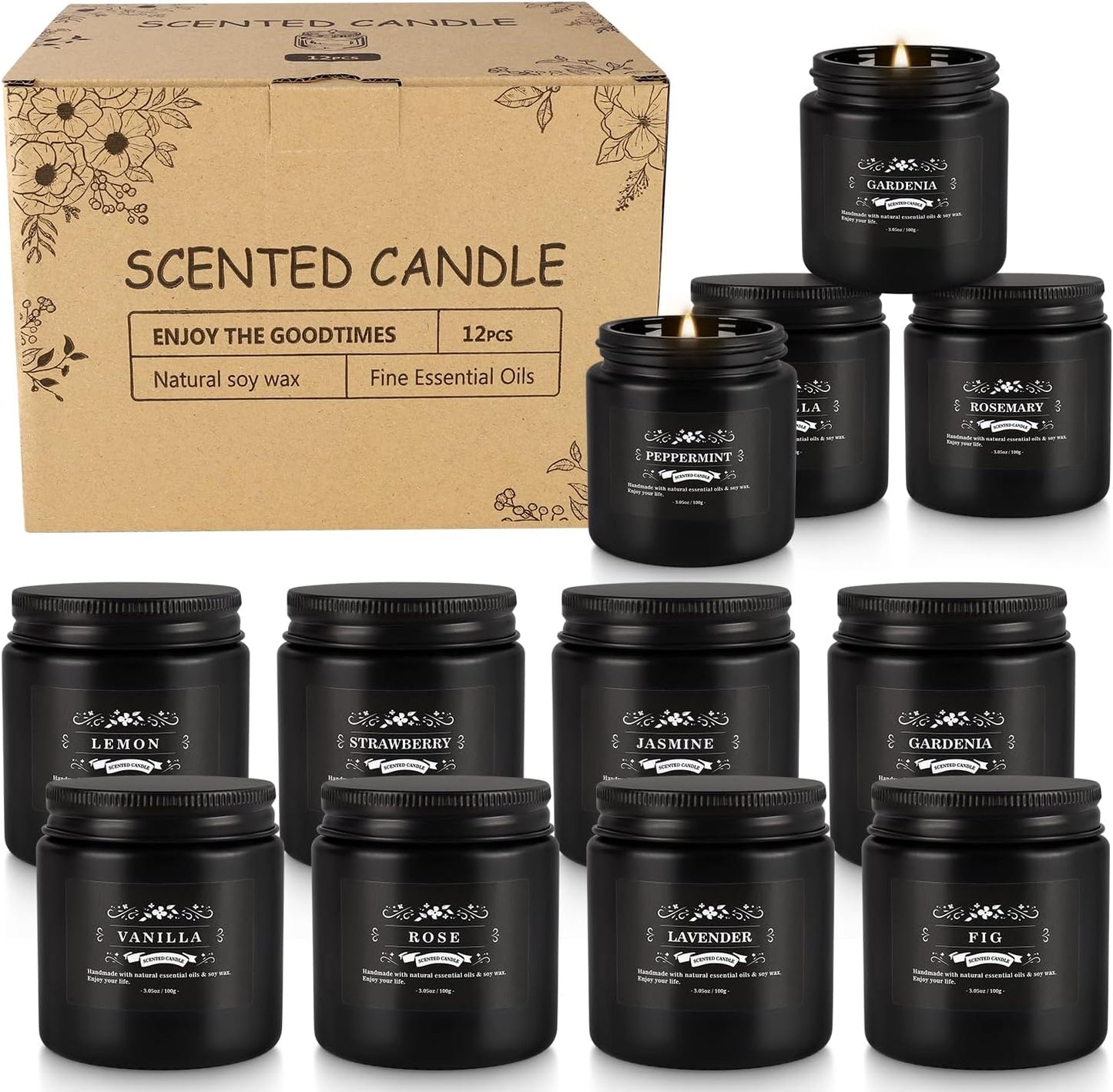 Scented Candle Set 12 Pack,Black, Candle for Home Scented, Odor Eliminating, Stress Relief, Long Lasting Soy Wax Gift Set