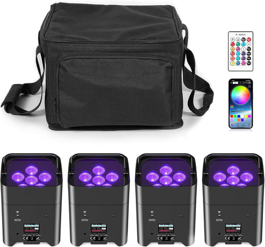 9600mAh Wireless Uplights, 6x18W RGBWA UV Stage Lights, APP/DMX512 Controlled Par Lights, Rechargeable Battery Powered Uplights for Show, 4 Pcs with Bag