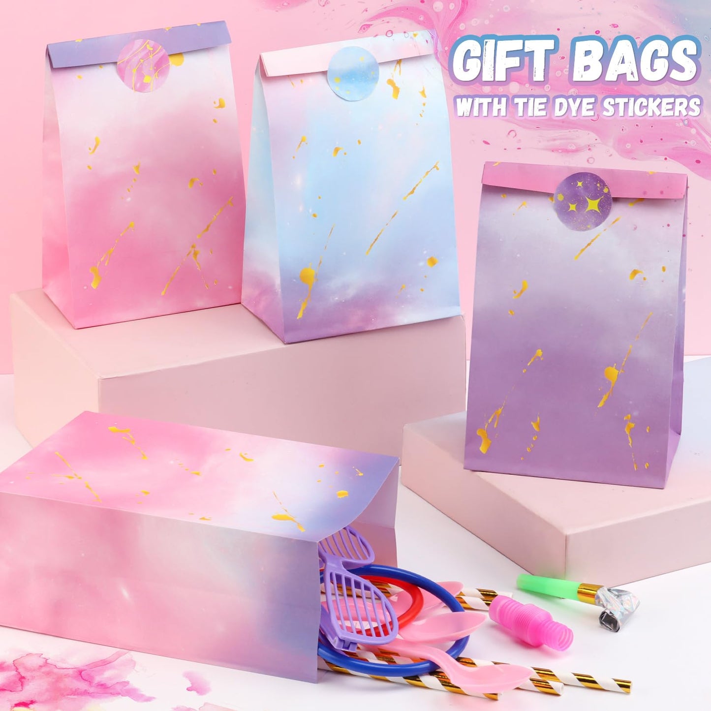 HEJIN 30PCS Tie Dye Party Bags with Stickers, Pink and Purple Small Gift Bags, Mermaid Unicorn