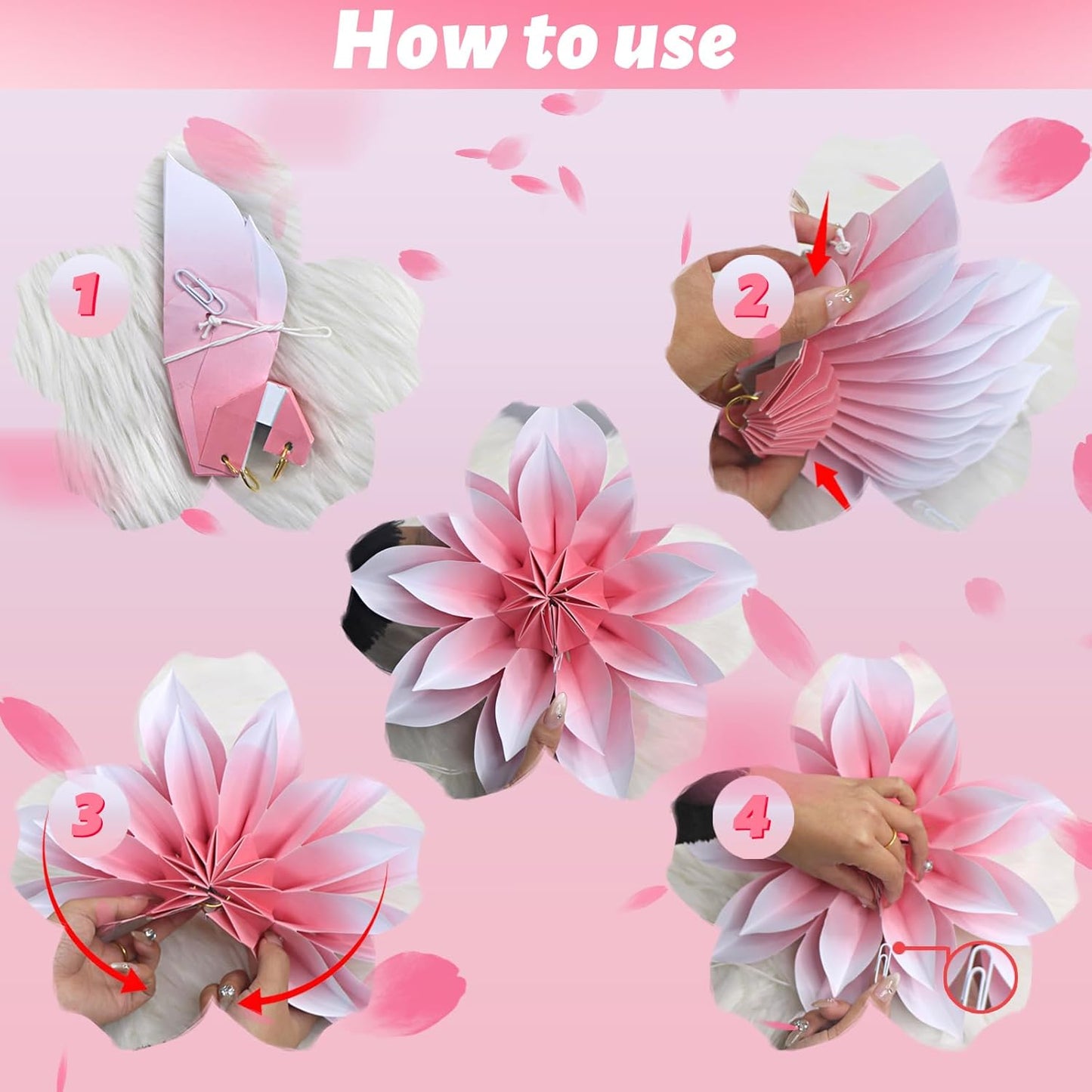 ADLKGG Paper Flower Fan Decorations, Pink Paper Fan Flower Wall Background for Classroom Decor, Tea Party, Spring Summer Party, Birthday, Baby Shower, Wedding, Nursery Decoration, Set of 4