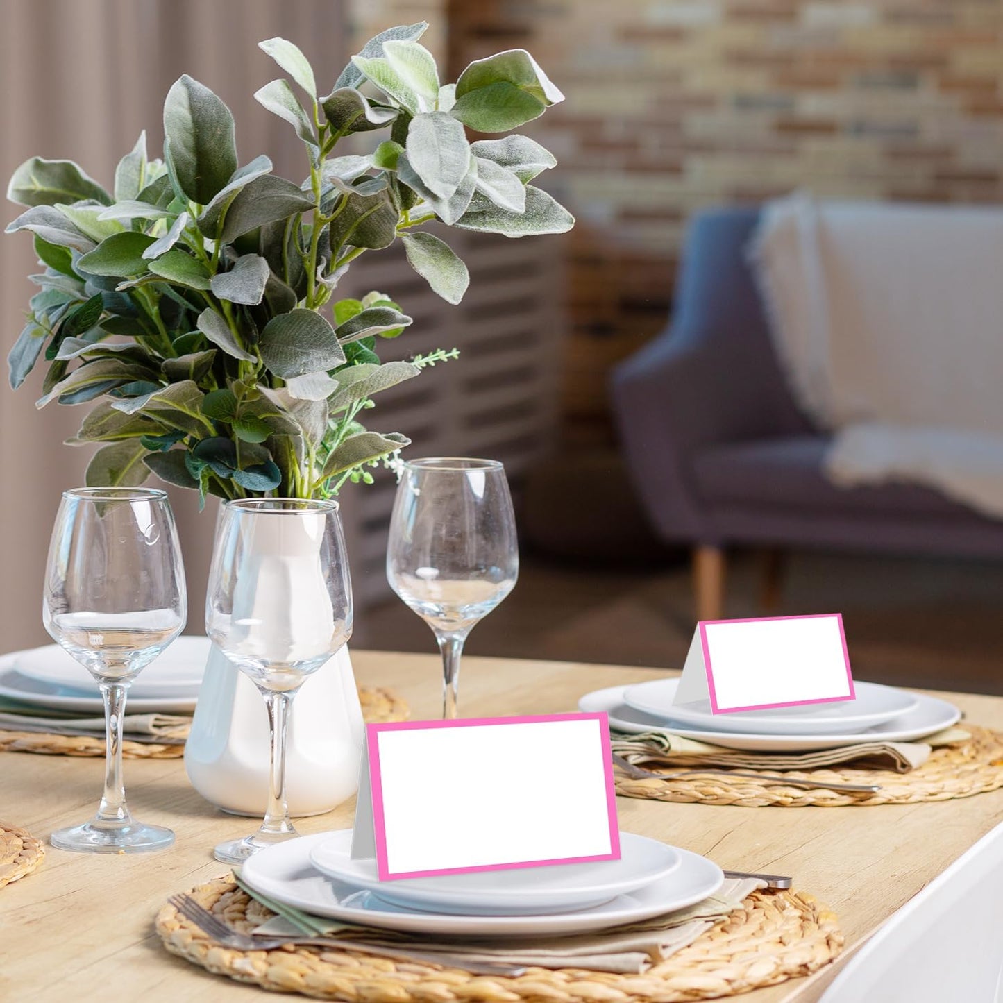 25 Pack Pink Border Place Cards, Editable Name Cards for Table Setting, Tent Cards Food Label for Dinner Party, Bridal Shower, Wedding, Baby Shower and Events -T10