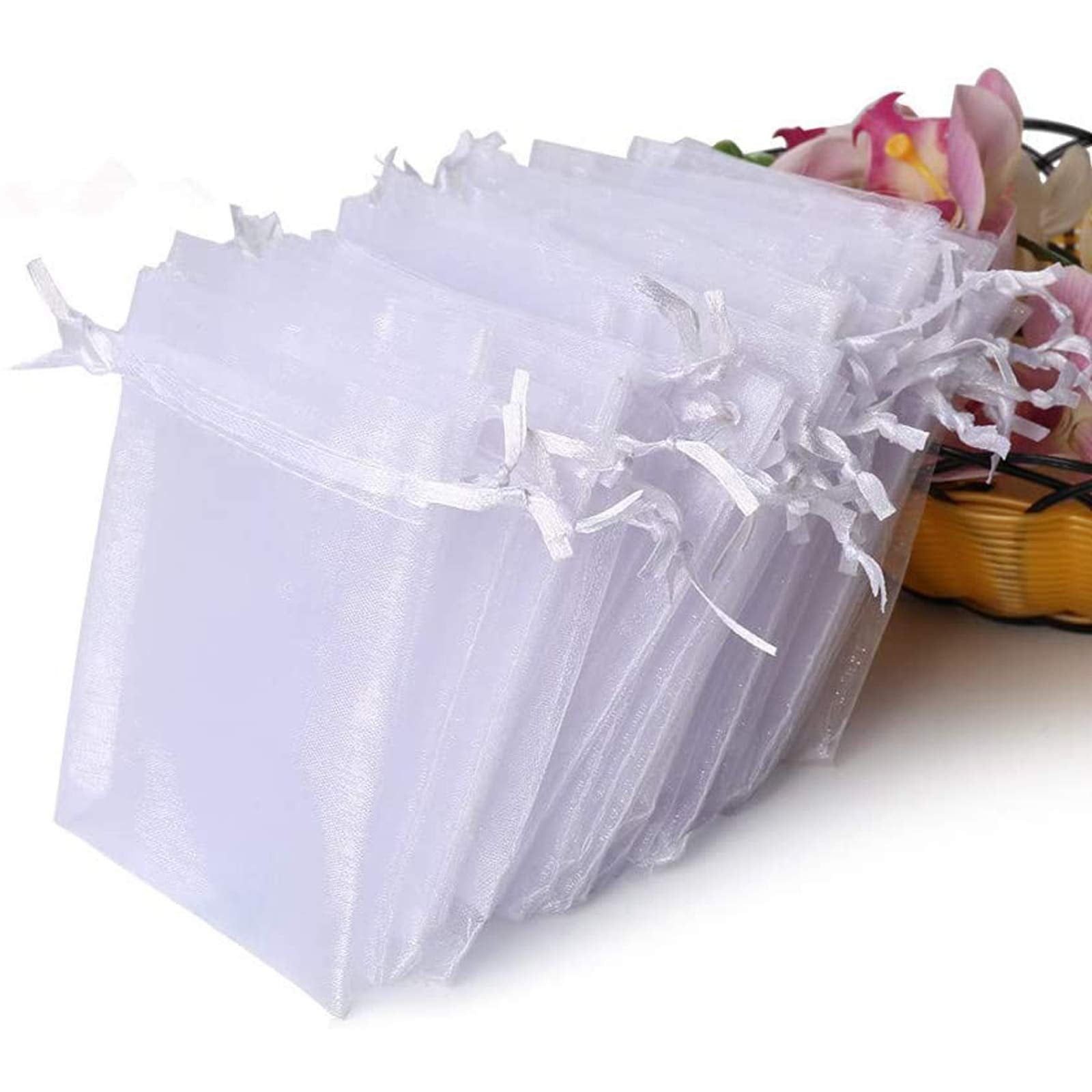 Hopttreely 100PCS Premium Sheer Organza Bags, White Wedding Favor Bags with Drawstring, 4x4.72