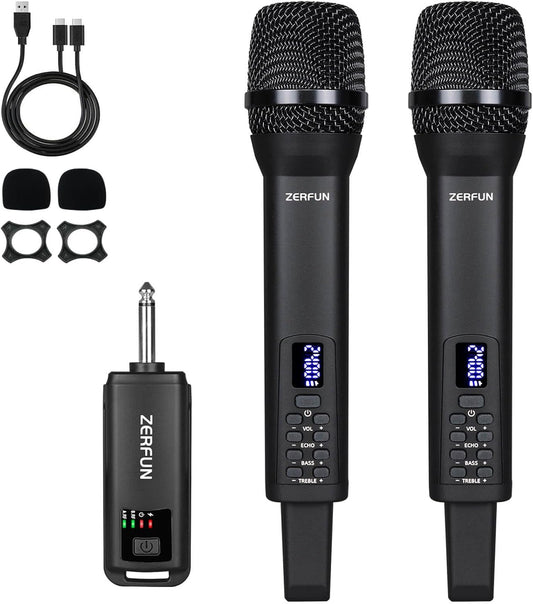 Dual Rechargeable Wireless Microphones, Pro Handheld Cordless Mics System with Echo Treble BASS VOL Control for Karaoke Singing Church Party, 1/4'' Output, Black