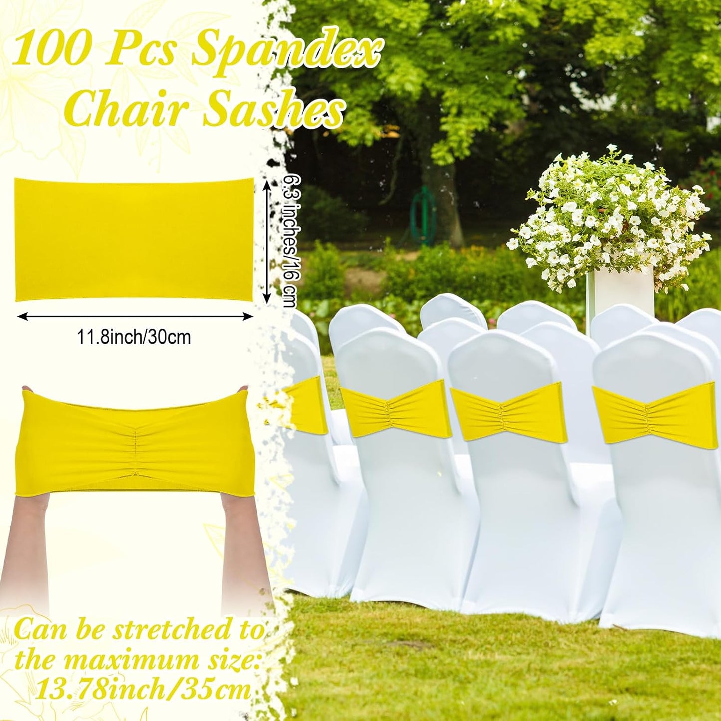 Moukeren 100 Pcs Spandex Chair Sashes Bows Bands Slider Sashes for Chair Covers Elastic Bands Ties Ribbon Decorations for Wedding Party Events Ceremony Birthday Banquet(Yellow)