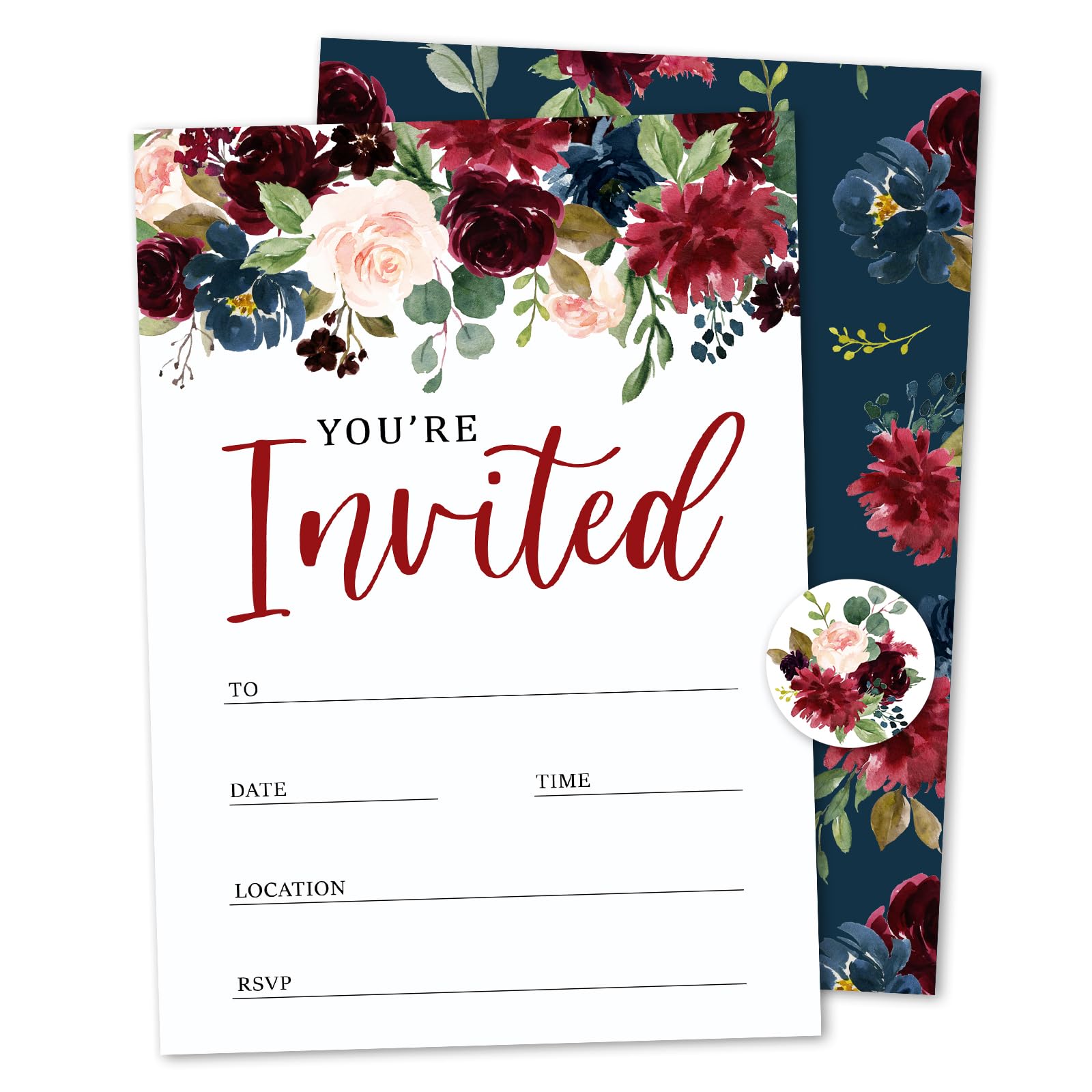 Whaline 25 Sets Flower Invitations with Envelopes Stickers Watercolor Floral Leaves Invitation