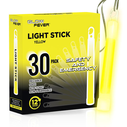 Glow Fever Emergency Safety Military Grade Glow Sticks, 30pcs 6'' Lightsticks, Light Up Ultra Bright with 12 Hours Duration. for Hiking Party Camping Blackouts Hurricane Shelter Survival Kit (Yellow)
