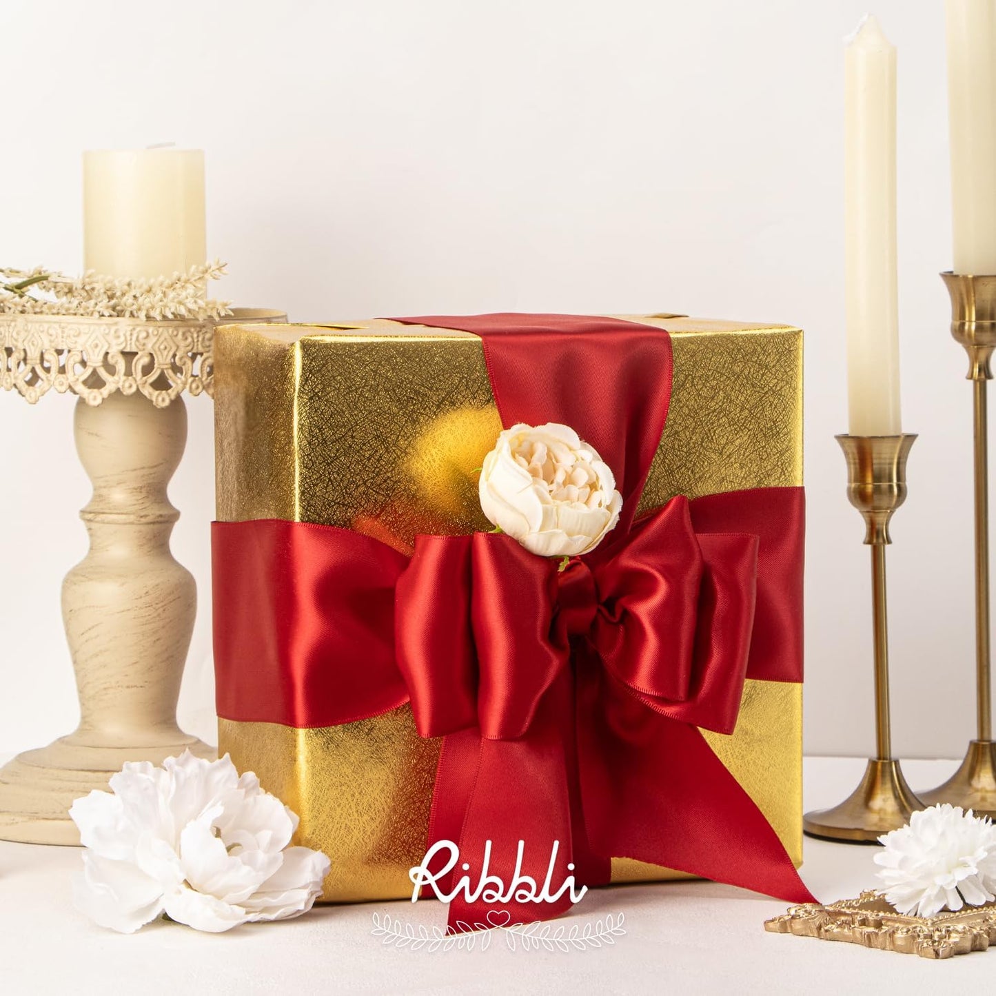 Ribbli Red Double Faced Satin Ribbon, 3” x Continuous 10 Yards,Use for Bows Bouquet,Christmas Gift Wrapping,Floral Arrangement