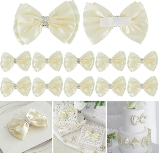 Ivory Satin Bows 4'' Premade Ivory Ribbon Bows, Gift Bows with Rhinestone, Wrapping Bows for Presents, Greeting Cards, Treat Bags, Wine Bottles, Valentines Bows for Gift Wrapping-12 Counts