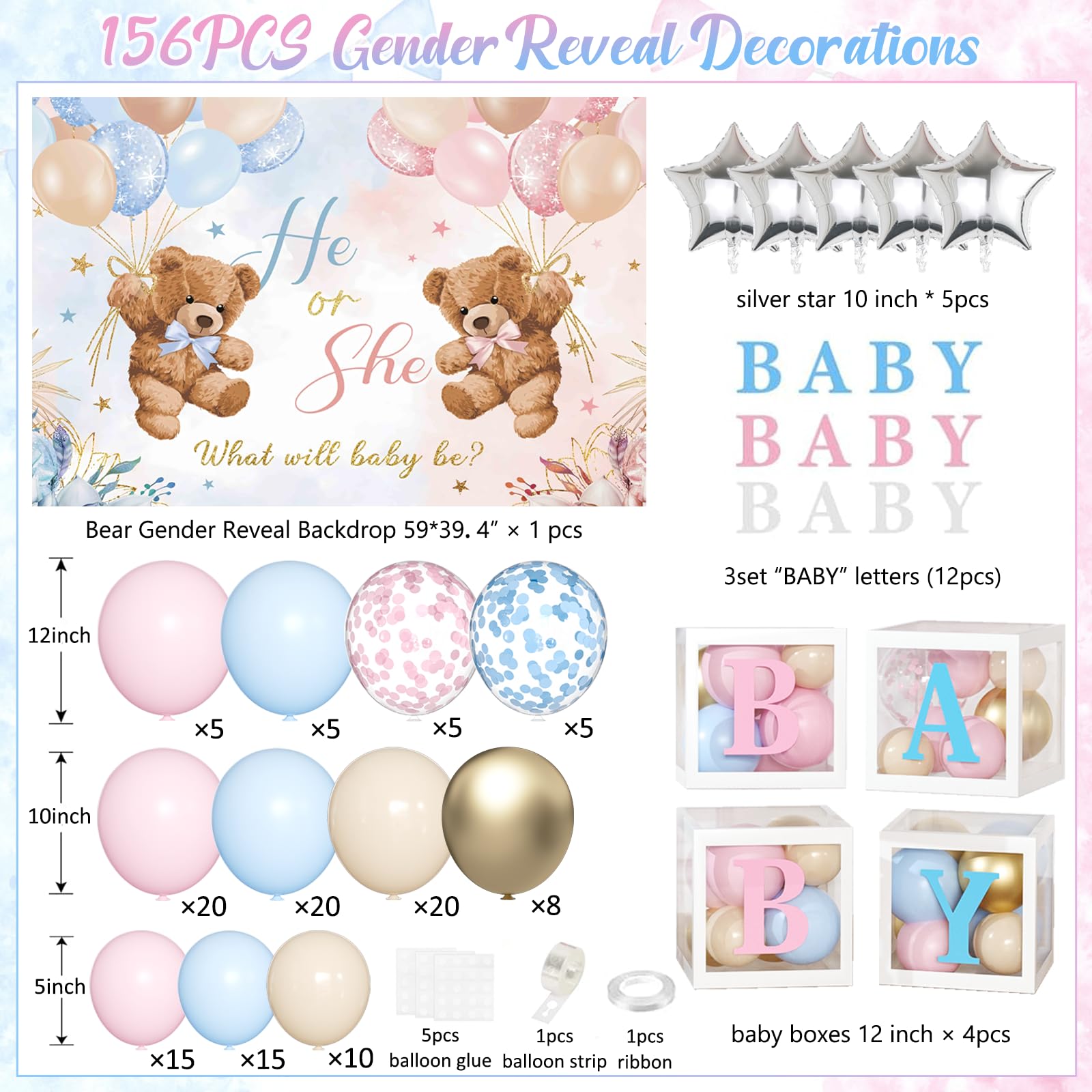 Bear Gender Reveal Decorations - 158pcs Pink Blue Balloon Garland Kit, 4pcs Baby Boxes With