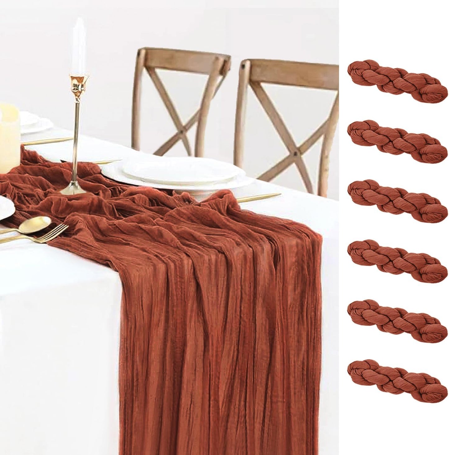6 Pack Fall Table Runner Terracotta Cheesecloth Table Runner 10ft, Rustic Sheer Burnt Orange Gauze Cheese Cloth for Boho Wedding Decor Baby Shower Thanksgiving Table Decor