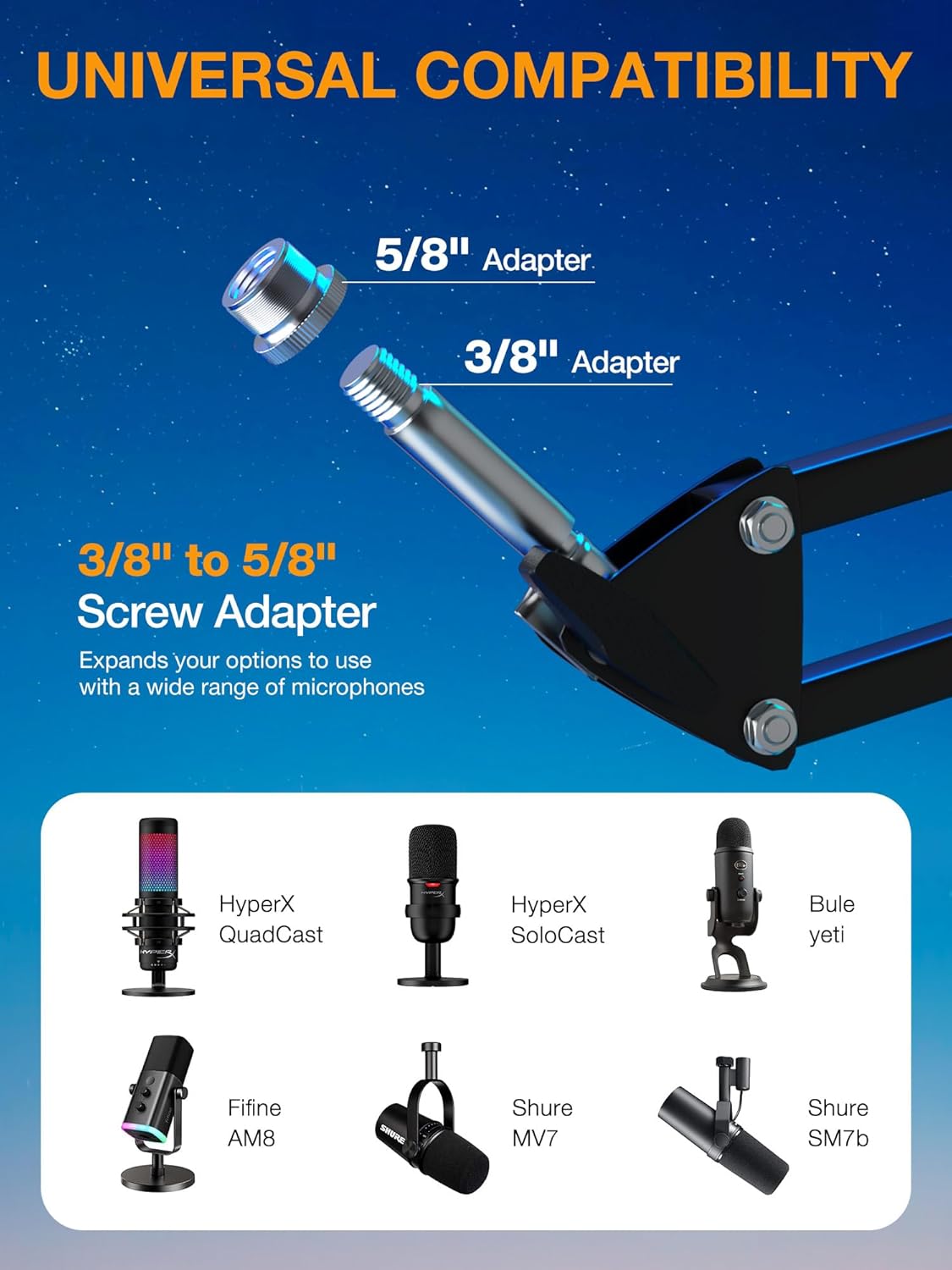 QuadCast Boom Arm, Mic Arm for Blue Yeti HyperX QuadCast SoloCast Fifine AM8 and Most Microphone, Mic Stand Desk with 3/8" to 5/8" Adapter by SUNMON