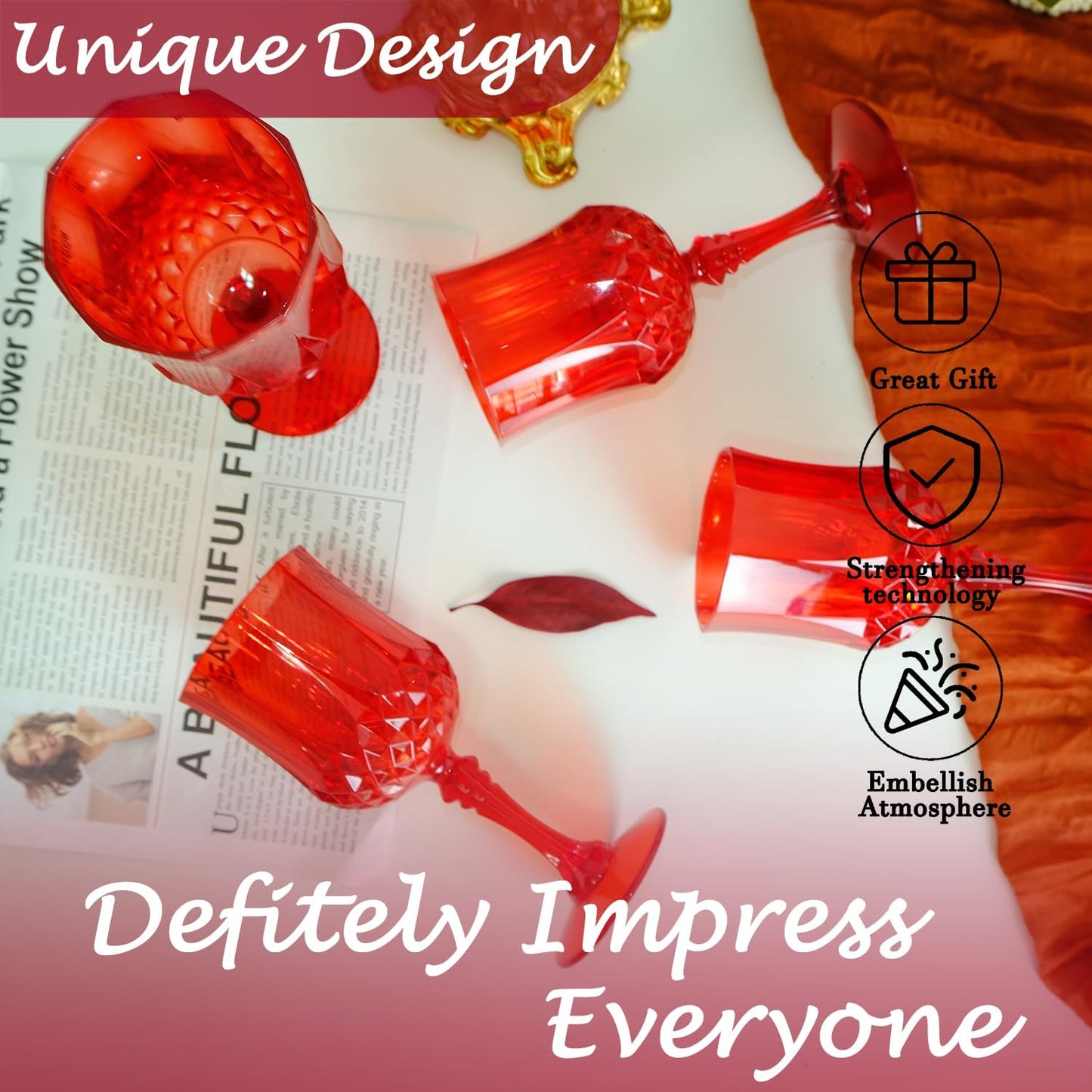 Plastic Wine Glasses，Plastic Goblets Vintage Style Cordial Drinking Glasses for Wedding Reception, Christmas Grand Event Party Supplies (48, Red)