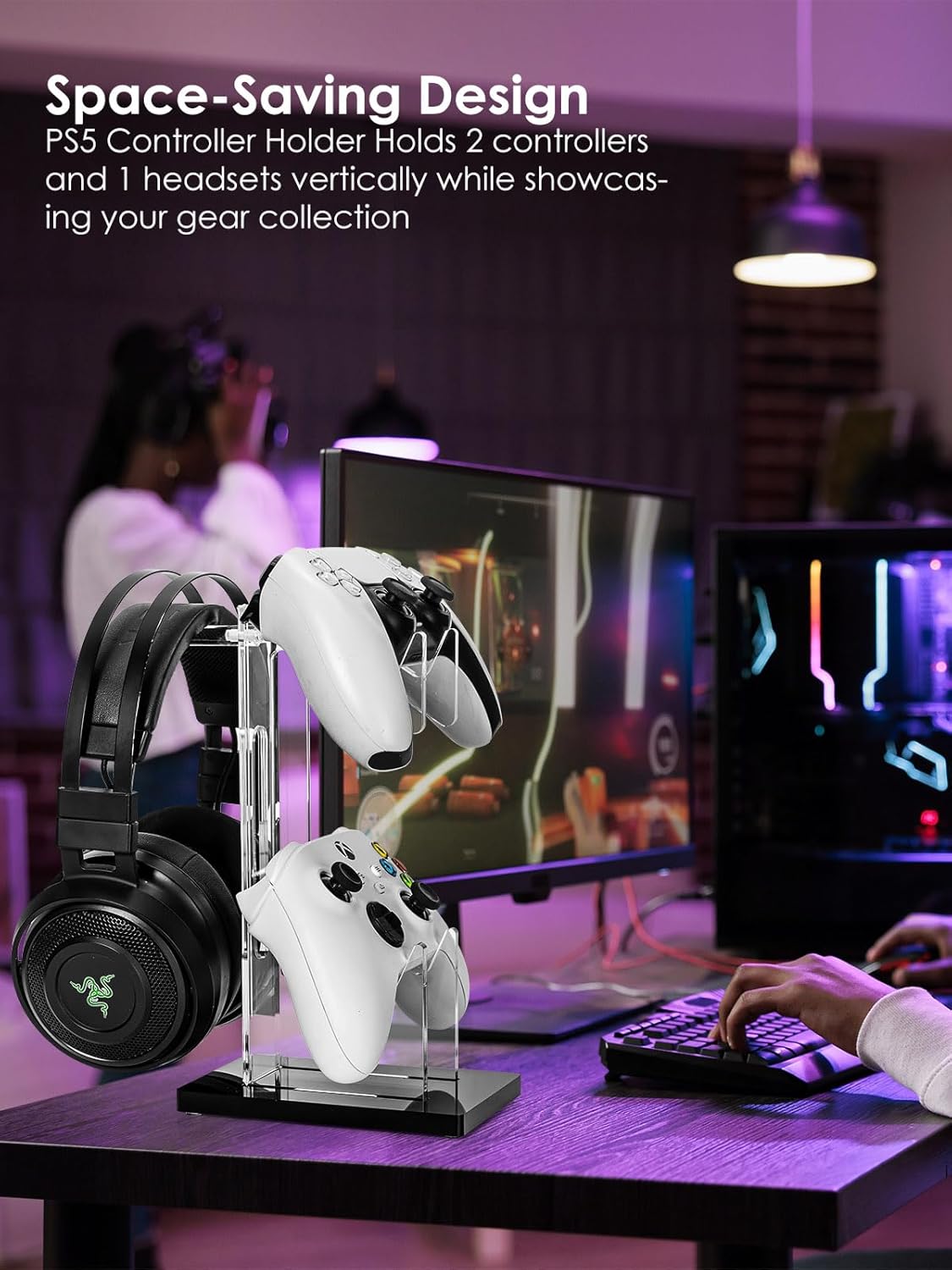 OAPRIRE Headset and Controller Stand, Space-Saving 2 Tier Game Controller Holder, Acrylic Controller and Headset Stand for Desktop, Universal Design Compatible with PS5/PS4/Xbox/Switch (Deep Black)