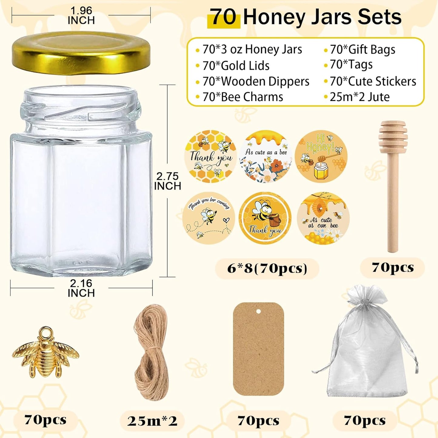 Aliggbent 70 Pack Small Honey Jars for Party Favors in Bulk, 3 oz Mini Hexagon Glass Honey Jars with Dippers, Lids, Cute Stickers, Bee Charms, Gift Bags and Jute for Baby Showers, Weddings, Birthdays