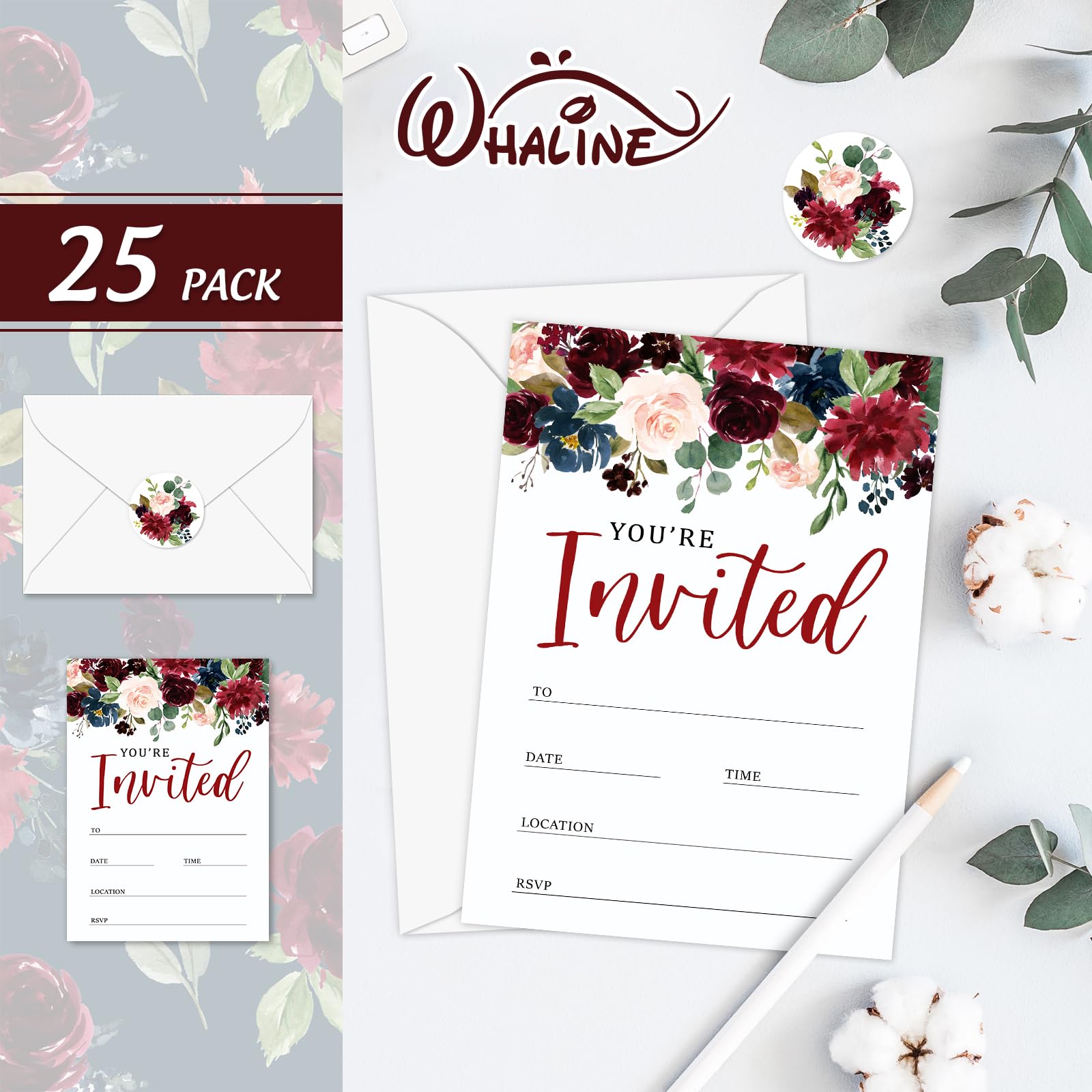 Whaline 25 Sets Flower Invitations with Envelopes Stickers Watercolor Floral Leaves Invitation