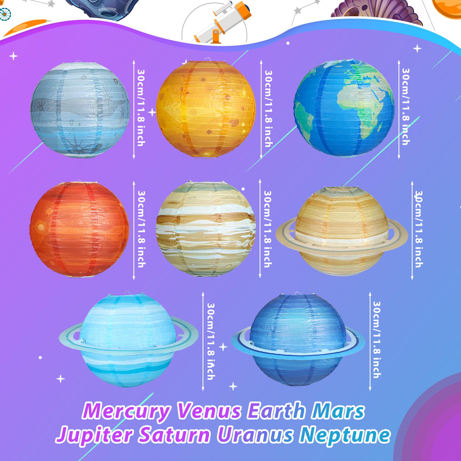 Fontien 8pcs Planet Paper Lanterns, 12 Inch Outer Space Party Decorations