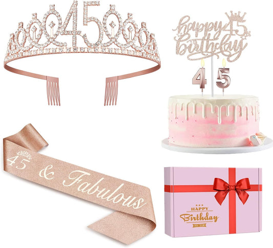 45 Birthday Decorations for Women Including Birthday Sash and Tiara, Cake Topper and Candles, 45 Year Old Gifts for Women, Rose Gold Party Decor Supplies