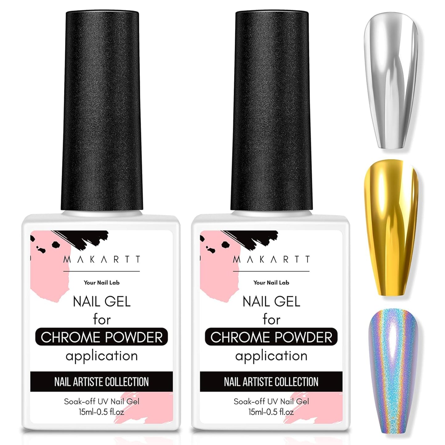 Makartt Gel Top Coat for Chrome Nail Powder - 2 Pcs 15ml Clear No Wipe High Gloss Top Coat Gel Nail Polish Mirror Shine Long Lasting Easy Application, Soak off UV Lamp, DIY Home Salon Art Design