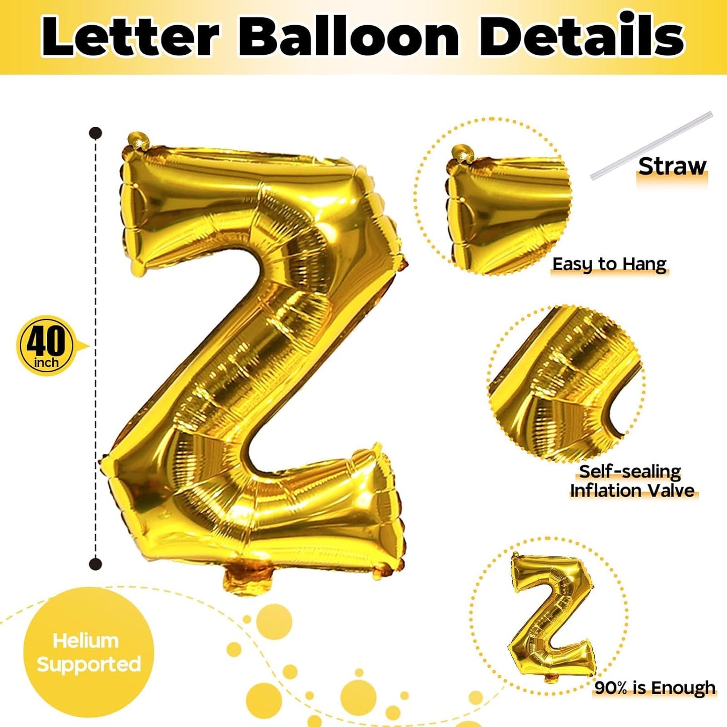 Foil Letter Balloons 40 Inch, Big Alphabet Z Word Balloons, Large Self Inflating Name Balloon Letters Gold Decor, Helium Custom Letter Balloons for Women Birthday Party Anniversary Decoration Supplies