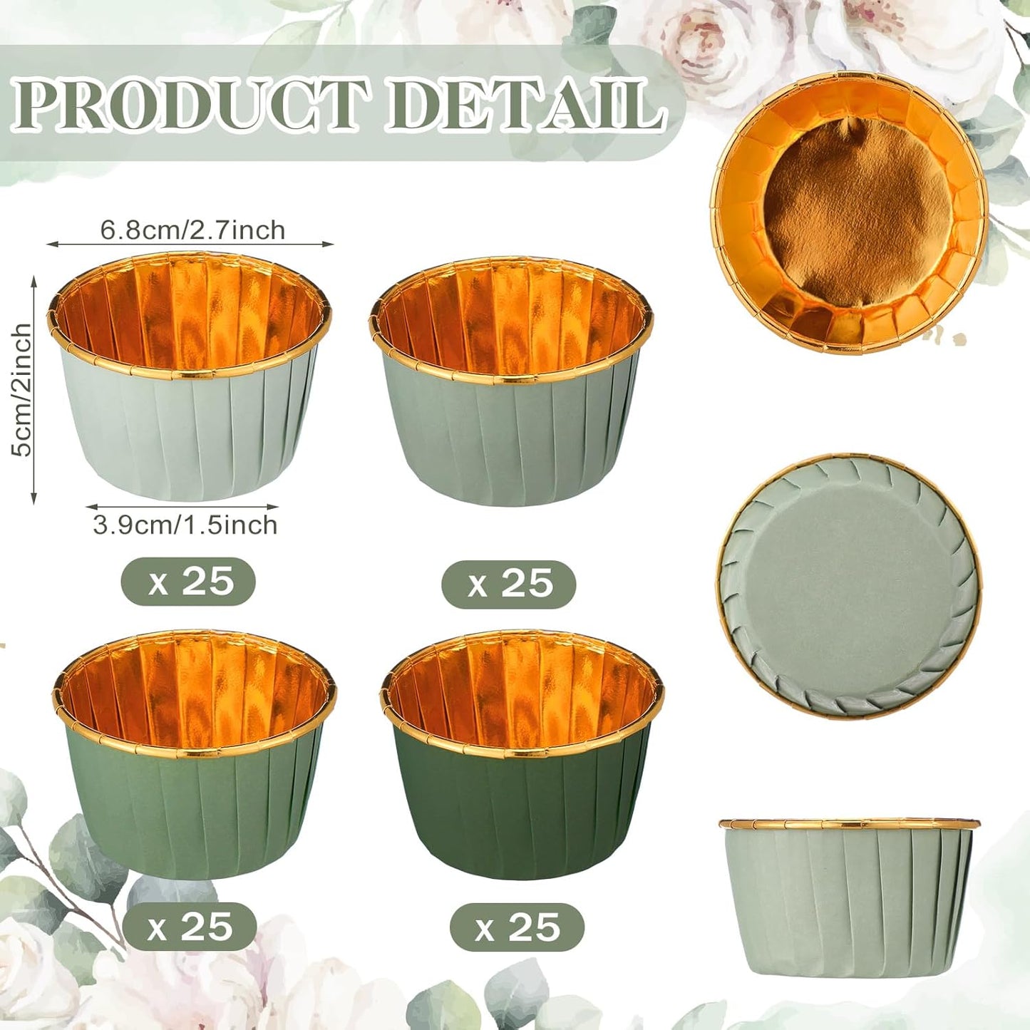 Geiserailie 100 Pcs Sage Green Cupcake Liners Gradient Green Cupcake Foil Wrappers Snack Bowls for Parties Wedding Bridal Shower Birthday Supplies