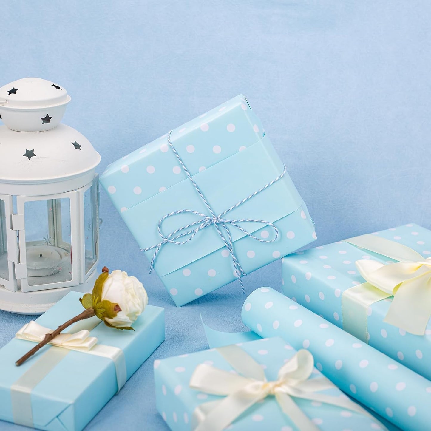 Flyhill Blue Wrapping Paper,Reversible Gift Wrap Paper with Polka Dot Design for Christmas,Birthday, Wedding,Baby Shower,All Holidays(17 Inch X 32.8 Feet)
