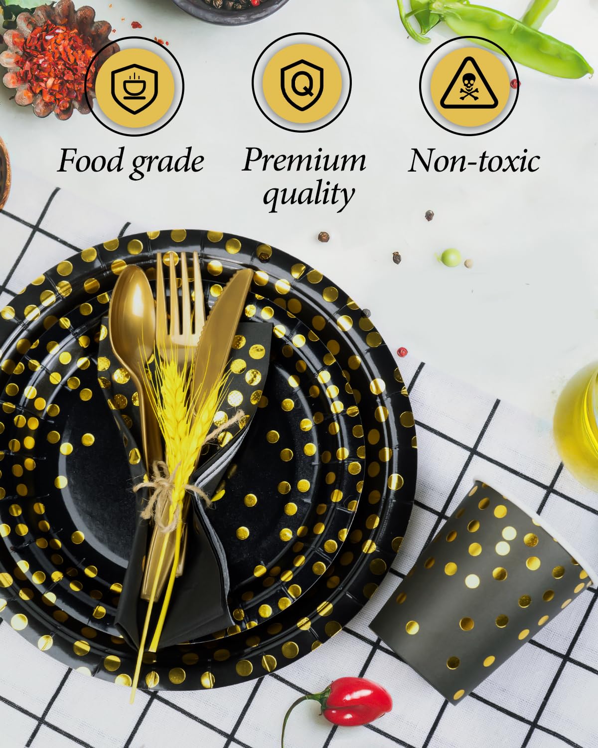 224 Pieces Party Supplies, Black and Gold Party Plates Cups and Napkins Sets with Plastic Knives