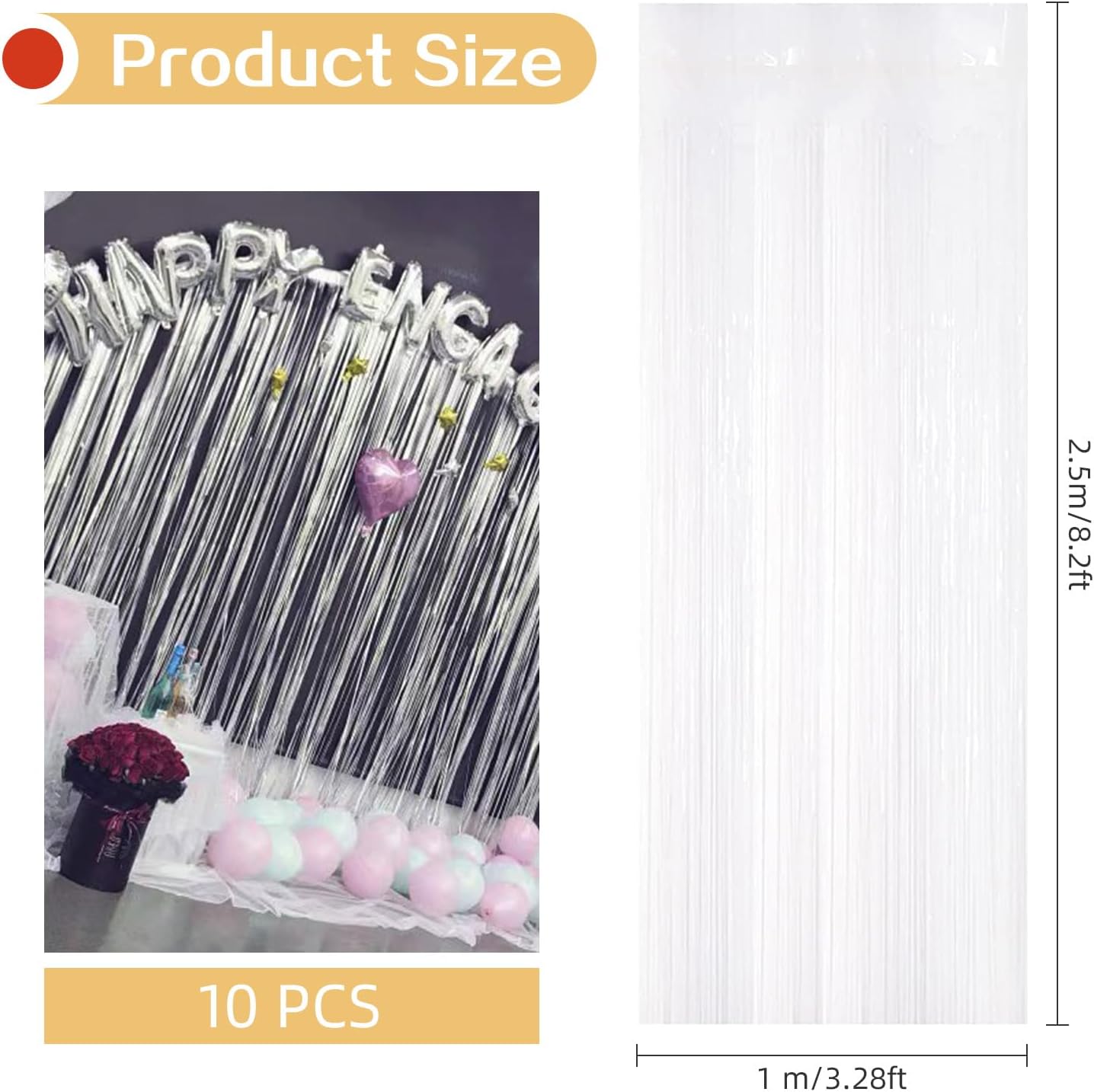 10 Pack White Backdrop Curtain 3.2ft x 8.2ft Metallic Tinsel Foil Fringe Curtains Photo Booth Background for Birthday Party Decoration Baby Shower Engagement Wedding Christmas Decoration (White)