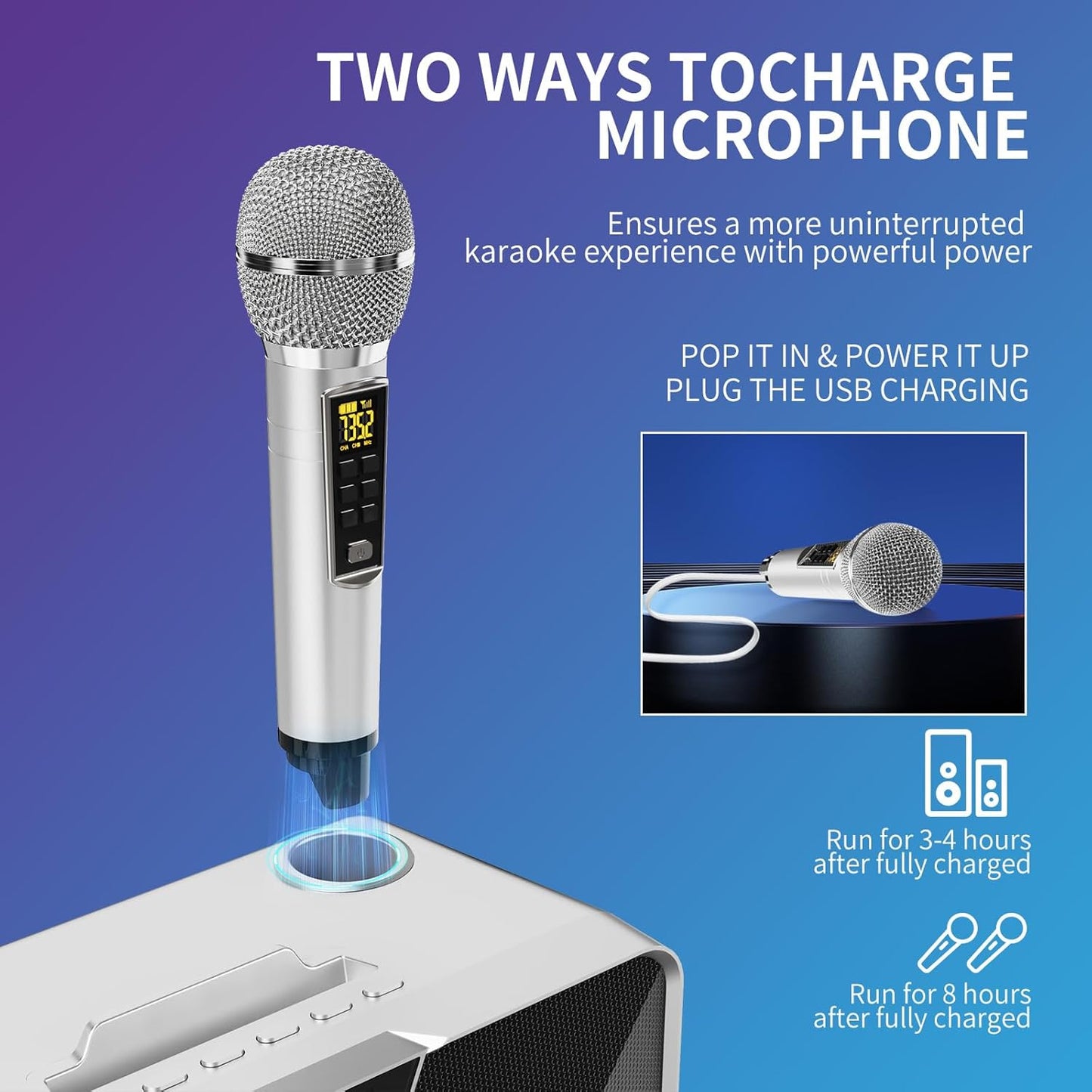 Karaoke Machine for Adults and Kids with 2 UHF Wireless Microphones,Portable Bluetooth Speaker PA Speaker System with LED Party Lights for Home Party, Picnic,Car,Outdoor/Indoor/Birthday Gifts