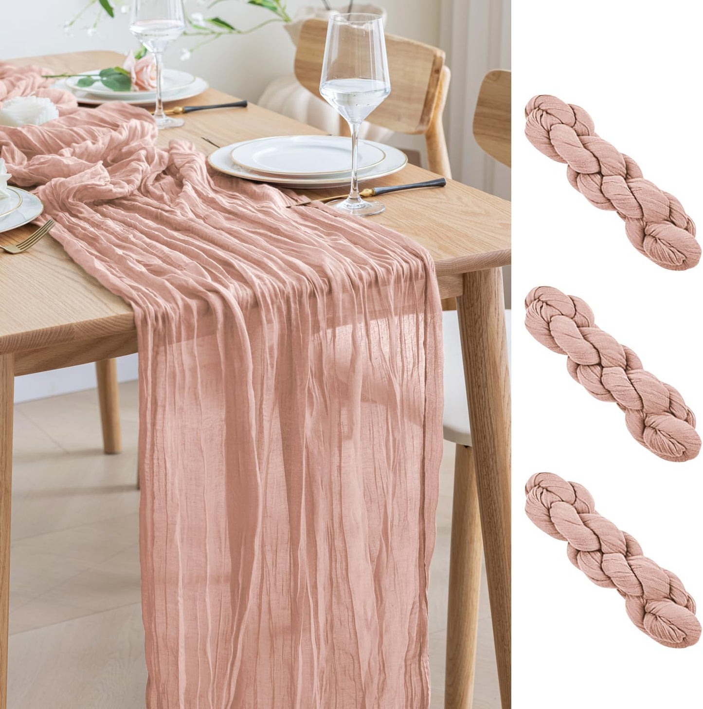 Asee'm 3pcs Cheesecloth Table Runner 120 Inches Dusty Pink Boho Gauze Cheese Cloth Runner 10FT Rustic Sheer Fall Table Runners for Thanksgiving Wedding Baby Shower Holiday Party Decoration