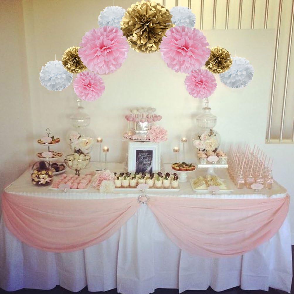 MOWO Paper Flower Tissue Pom Poms Baby Shower Party Supplies (Gold,Pink,White,18pc)