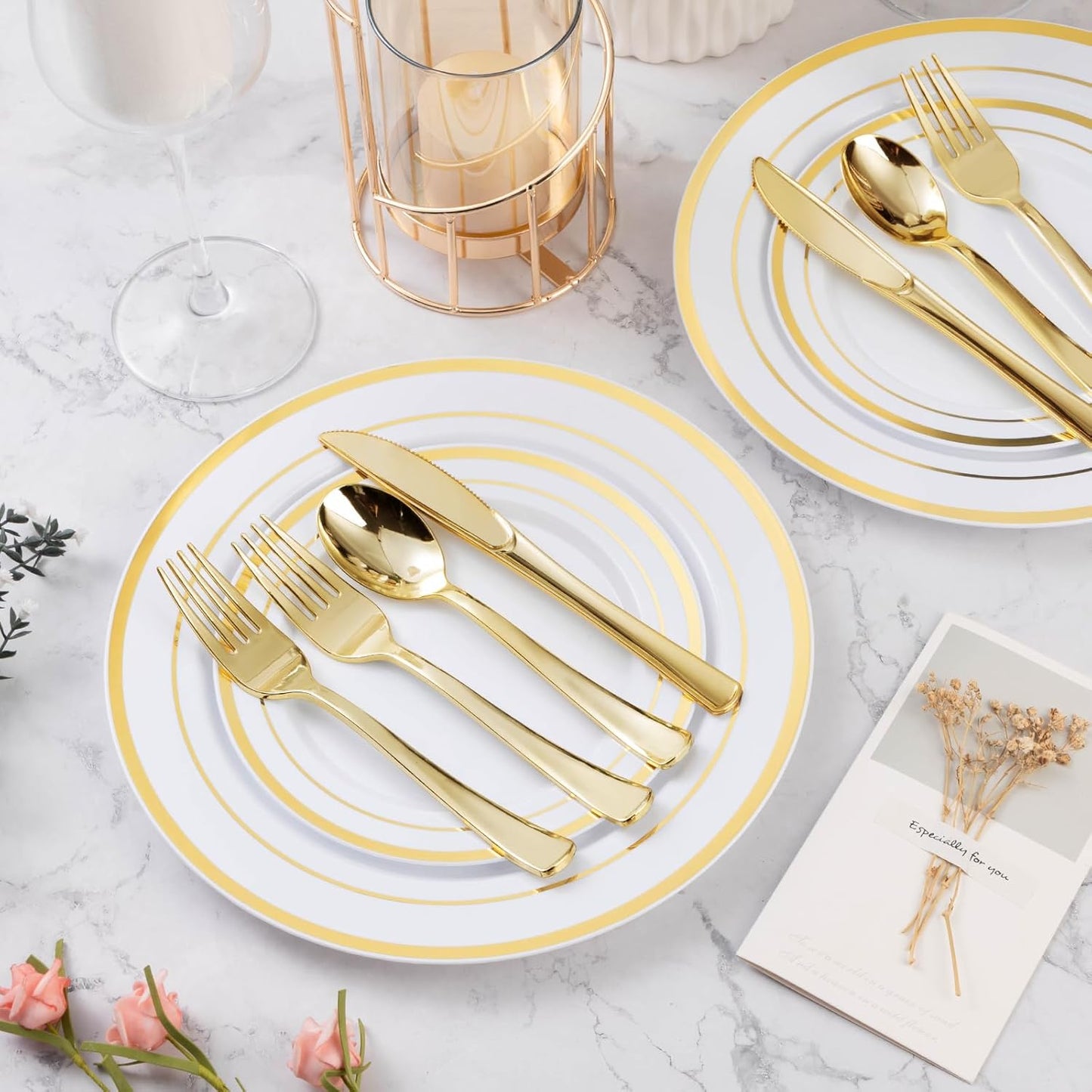 600PCS Gold Plastic Plate Set (100 Guests), Plastic Plates for Party Wedding Birthday, Disposable Dinnerware Set of 200 Plates, 200 Forks, 100 Spoons, 100 Knives for Christmas, Thanksgiving