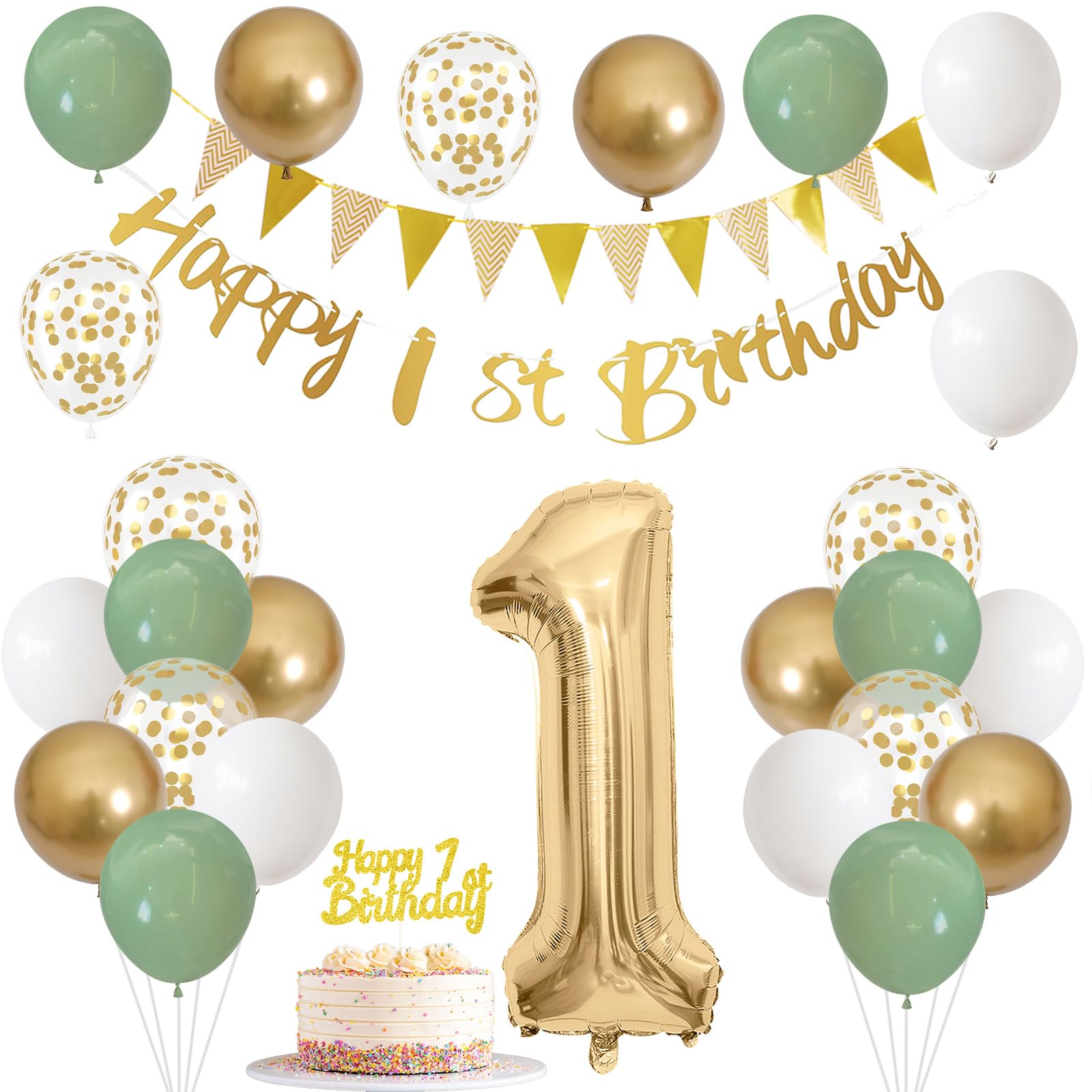 1st Birthday Decorations for Boys Girls, Sage Green White Gold Birthday Balloons with Happy 1st