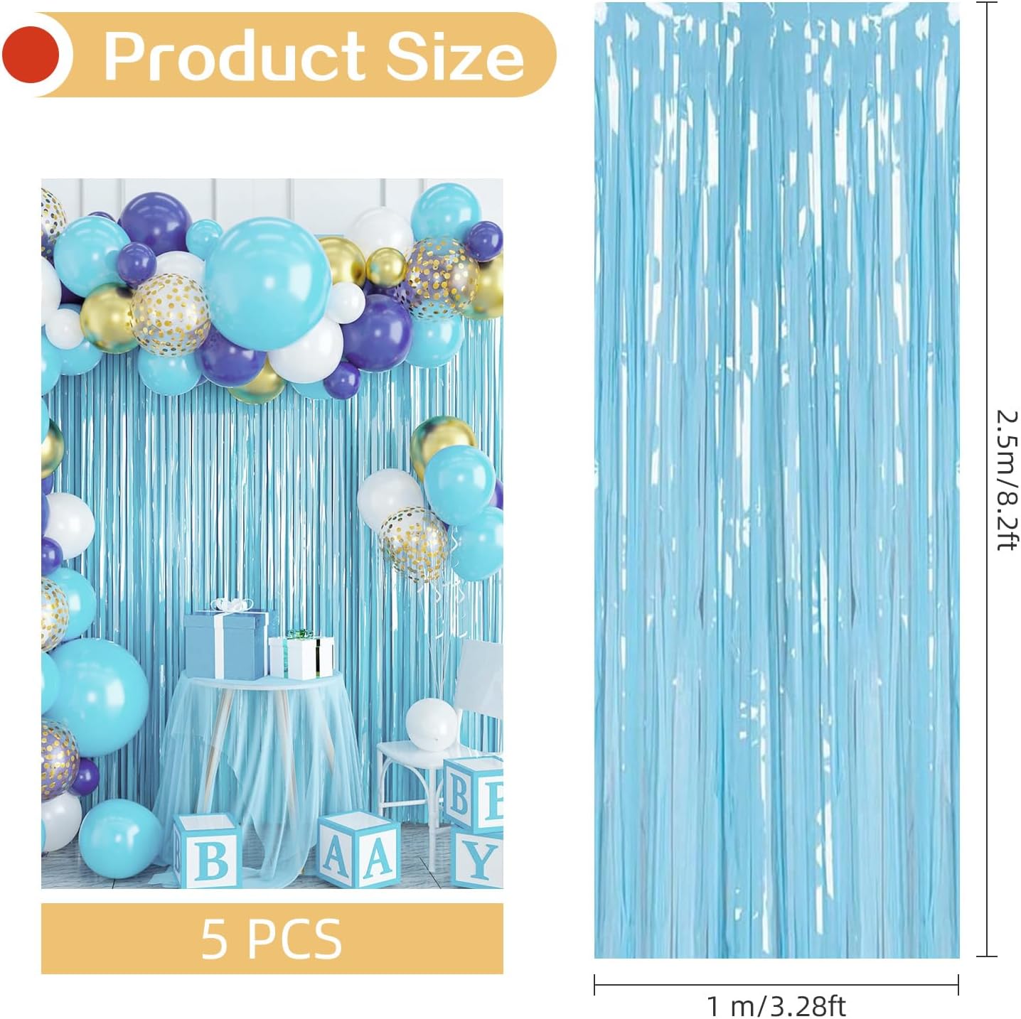 5 Pack Blue Foil Curtain Backdrop 3.2ft x 8.2ft Tinsel Foil Fringe Curtains Macaron Photo Booth Streamer Backdrop for Party Decorations Birthday Baby Shower Bachelorette Holiday Decor (Pastel Blue)