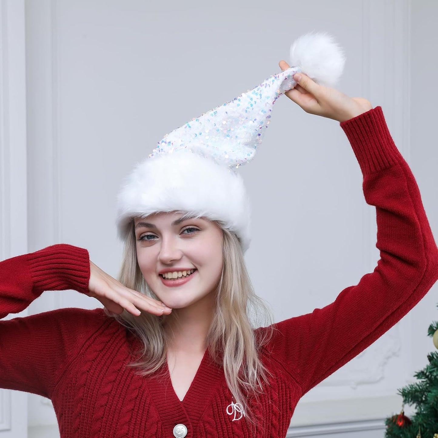 Personalized Sequin Santa Hat for Adults, Red Glitter Christmas Party Hat, Xmas Halloween New Year Holiday Headwear