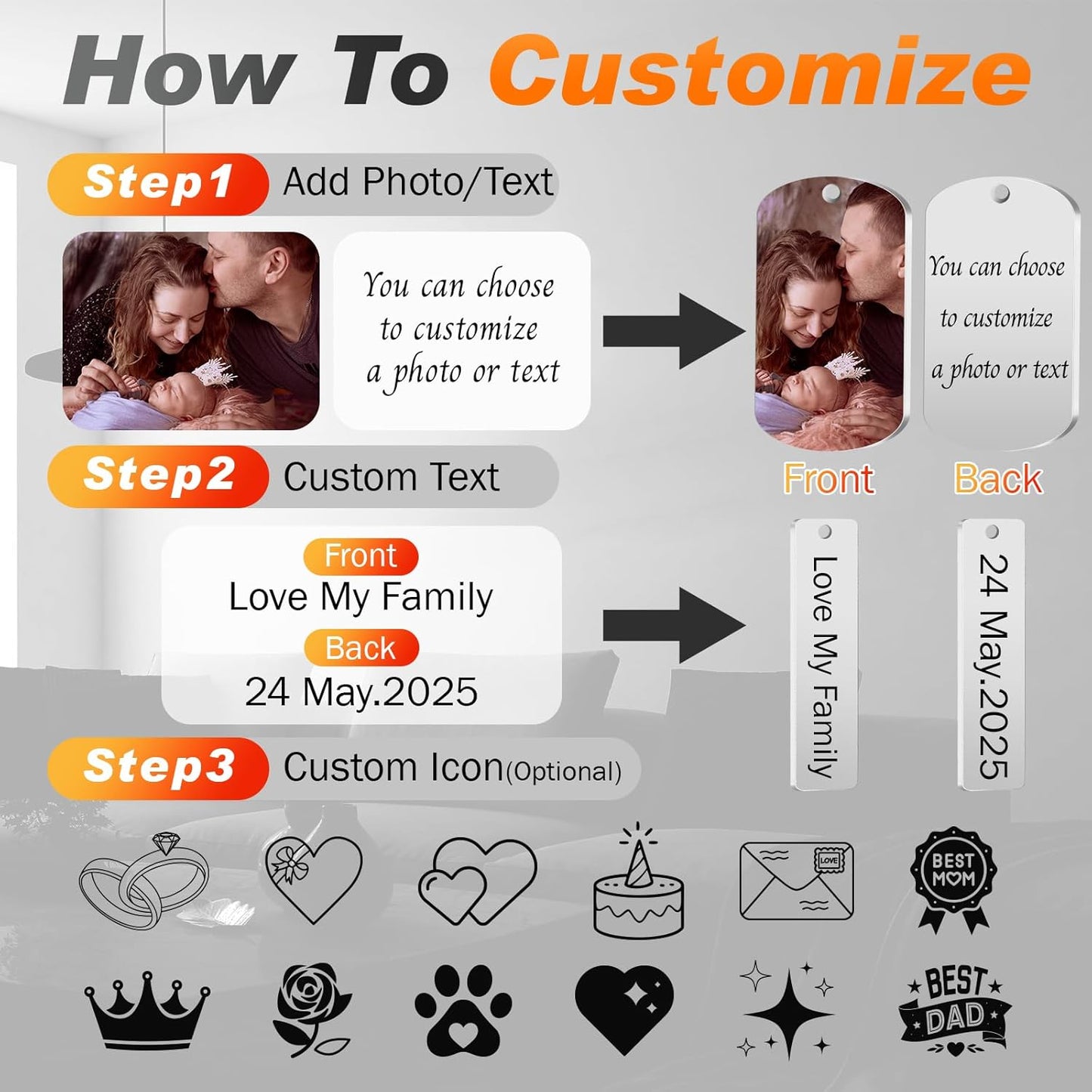 Custom Keychain with Picture, Personalized Photo Keychain with LOGO Text, Customized Gifts for Boyfriend Couple